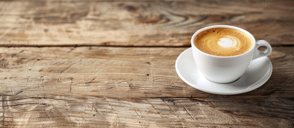 Leinwandbilder Coffee with milk in a white cup placed on a wooden surface with space for text or images. with copy space image. Place for adding text or design