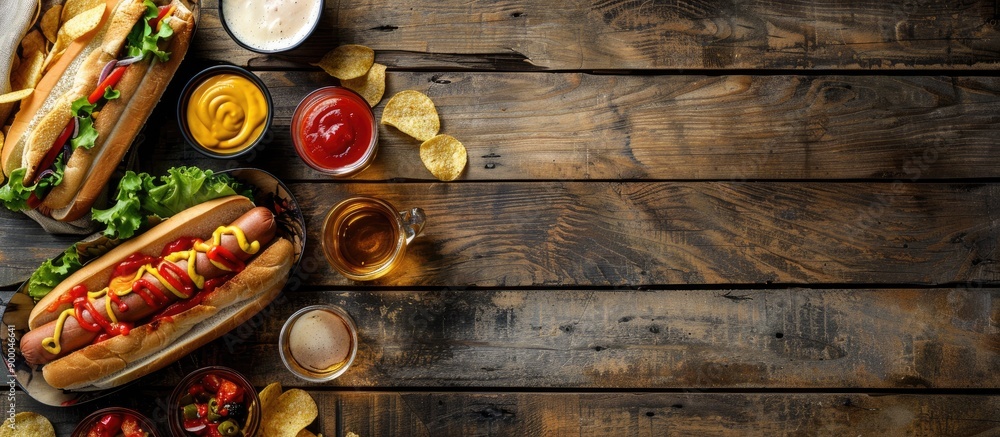 Poster Top view of appetizing homemade hotdogs served with various dipping sauces chips and beer glasses on a rustic wooden table with ample copy space in the image