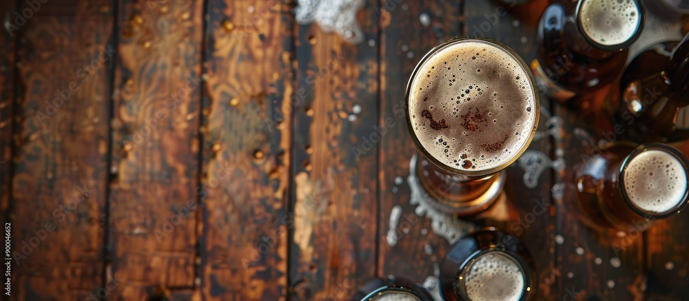 Aufkleber Top view of a beer glass on a wooden table with beer bottles around it The image features selective focus and a blank template for copy space