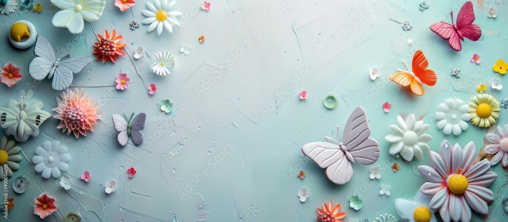 Poster A backdrop featuring a mix of embellishments like butterflies flowers and buttons against a plain surface is shown in the copy space image