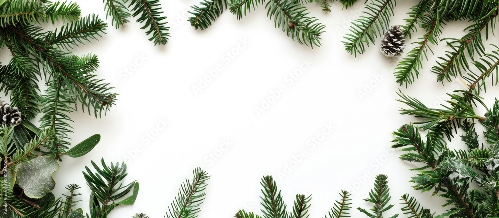 Leinwandbilder A Christmas border frame made from real fir branches on a white background with space available for text in the image. with copy space image. Place for adding text or design