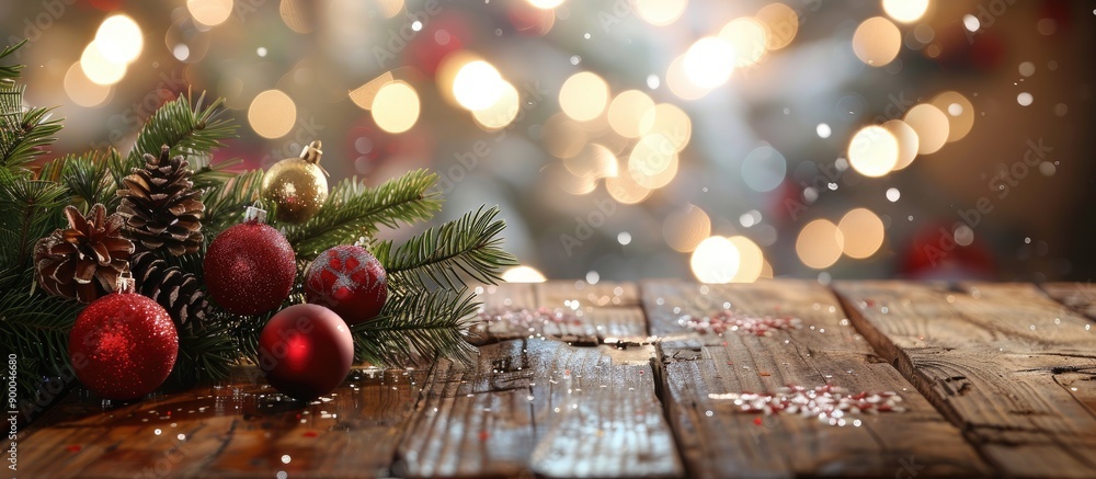 Aufkleber Wooden table with fir tree branch adorned with Christmas balls set against a festive New Year background creating a charming copy space image