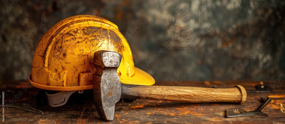 Poster image of hammer and tools on a helmet showing copy space