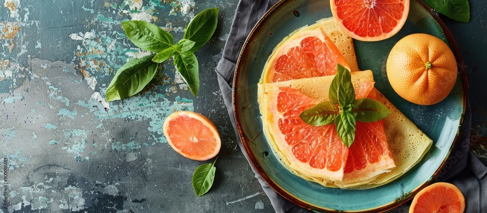 Fototapete Rustic top view of tasty fresh grapefruit crepes on a table with copy space image ideal for a healthy meal or snack