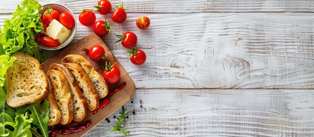 Poster a fresh ripe brunch with cherry tomatoes on a cutting board accompanied by green lettuce bread and b