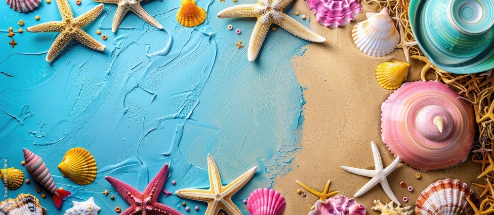 Aufkleber Colorful beach items arranged neatly on a surface with open area for text alongside a copy space image