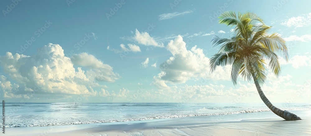 Poster a tropical beach scene with a palm tree leaning in the wind perfect for a copy space image