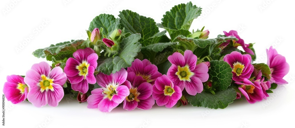 Poster Dark pink primrose Primula acaulis perfect for adding color to your designs with a beautiful and vibrant appearance against a white backdrop creating an elegant copy space image