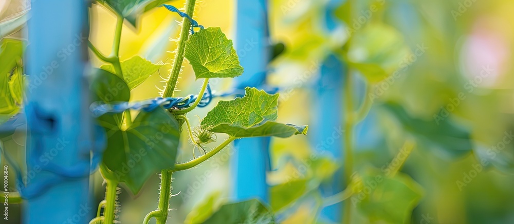 Aufkleber selective focus on cucumber plant tied to blue trellis in a close up copy space image