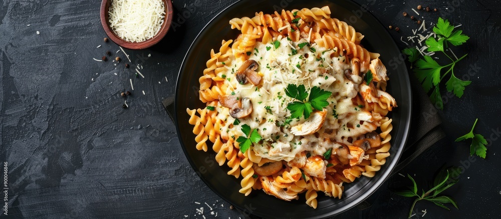 Poster a dish featuring pasta topped with cheese chicken and mushrooms presented on a dark backdrop providi
