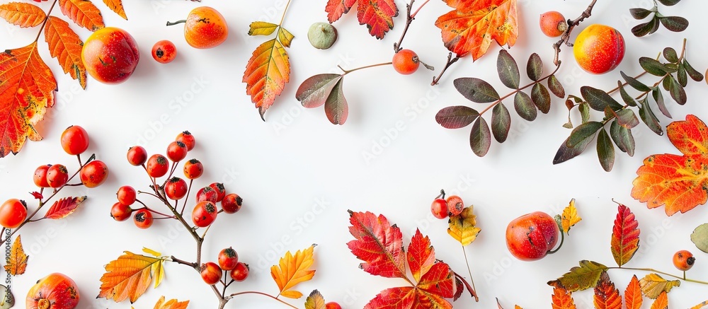 Leinwandbilder seasonal arrangement featuring leaves and rowan berries displayed on a white backdrop embodying autu