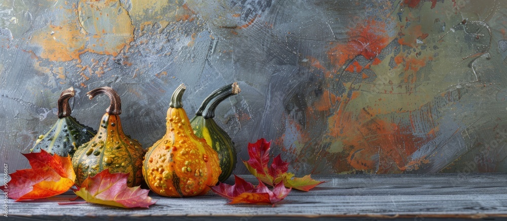 Fototapete Three gourds adorned with colorful autumn leaves sit on a textured grey wooden table with space available for text or images in the background. with copy space image. Place for adding text or design