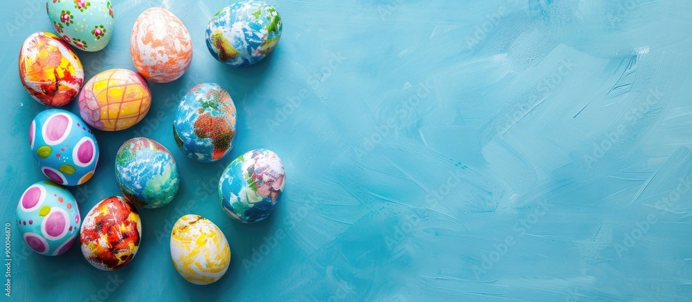 Aufkleber colorful easter eggs resembling earth on a blue paper backdrop with copy space image for an easter m