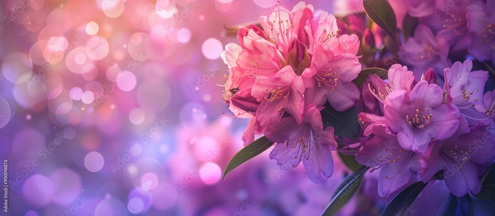 Leinwandbilder close up of pink rhododendron flowers set against a purple backdrop in a park creating a vibrant spr