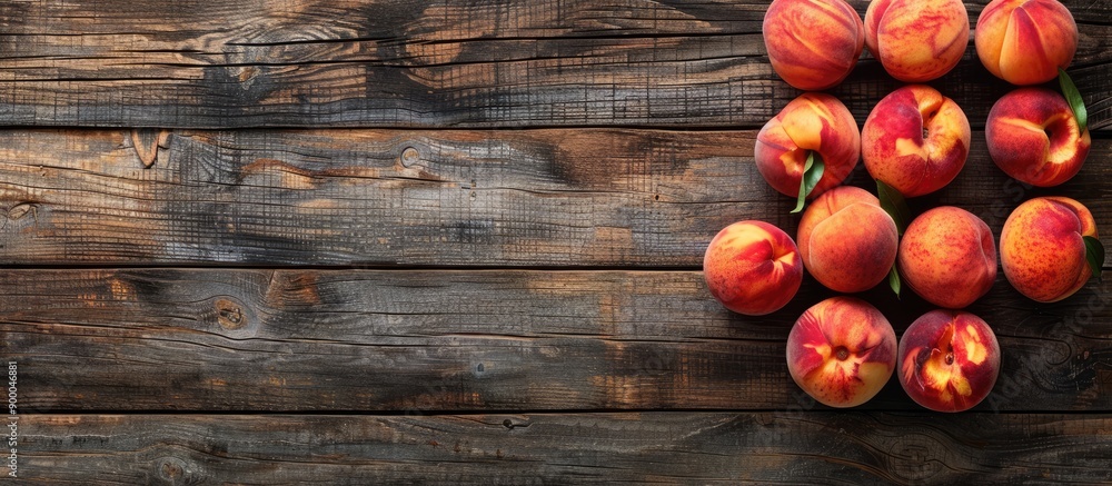 Leinwandbilder top view of fresh ripe peaches displayed on a rustic wooden table with copy space image