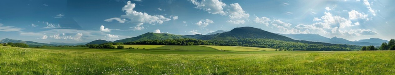 Breathtaking Panoramic Natural Landscape: Lush Green Meadow Under Vibrant Blue Sky with Fluffy Clouds and Majestic Mountains. Idyllic Scenery Perfect for Relaxation, Outdoor Adventure, and Environment