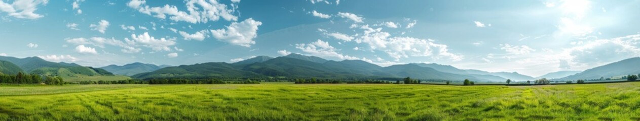 Fototapeta premium Breathtaking Panoramic Natural Landscape: Lush Green Meadow Under Vibrant Blue Sky with Fluffy Clouds and Majestic Mountains. Idyllic Scenery Perfect for Relaxation, Outdoor Adventure, and Environment