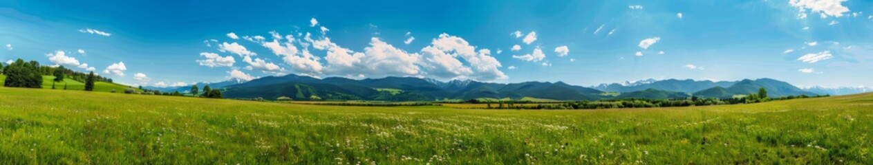 Fototapeta premium Breathtaking Panoramic Natural Landscape: Lush Green Meadow Under Vibrant Blue Sky with Fluffy Clouds and Majestic Mountains. Idyllic Scenery Perfect for Relaxation, Outdoor Adventure, and Environment