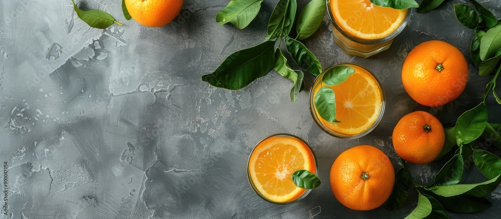 Leinwandbilder top view of tangerines with leaves in glasses of citrus fruit juice on a table with a grey backgroun