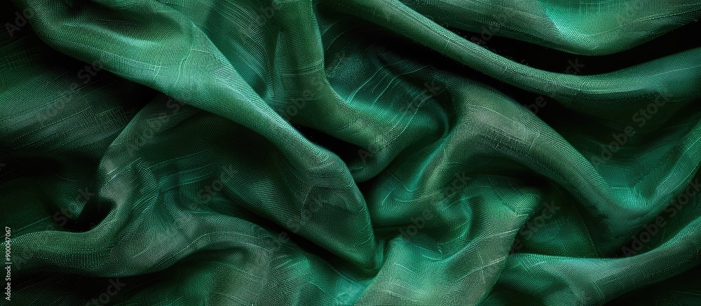 Poster Top view of an abstract green fabric texture background with an empty template for a copy space image