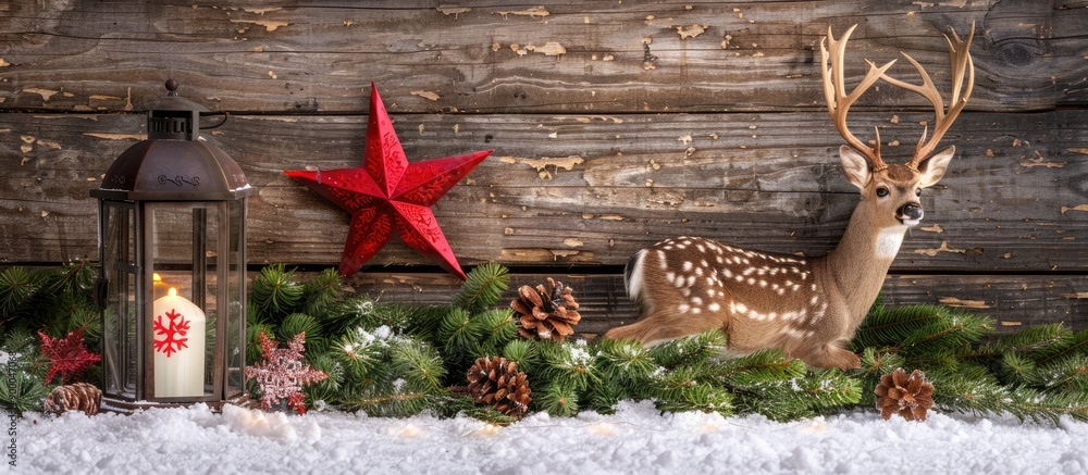 Poster a festive setting with a lantern evergreen foliage red star deer snow and candlelight on a radiant w