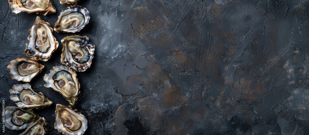 Leinwandbilder black table with fresh oysters arranged in a flat lay style offering ample copy space image