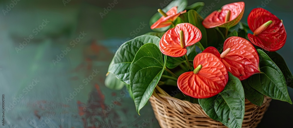 Poster anthurium flower in wicker pot on table with green background suitable for copy space image