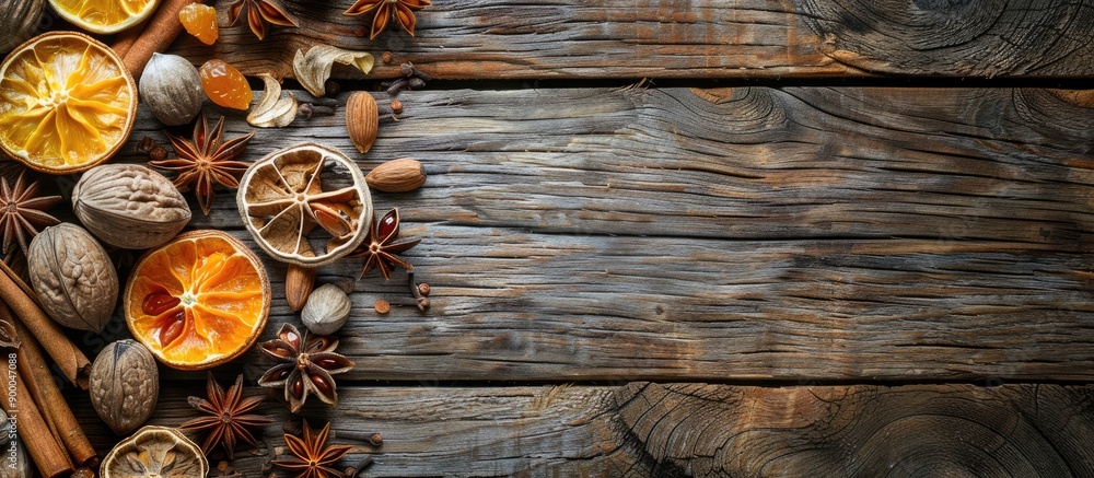 Aufkleber Wooden background with dry fruits and anise creating a rustic setting for a copy space image