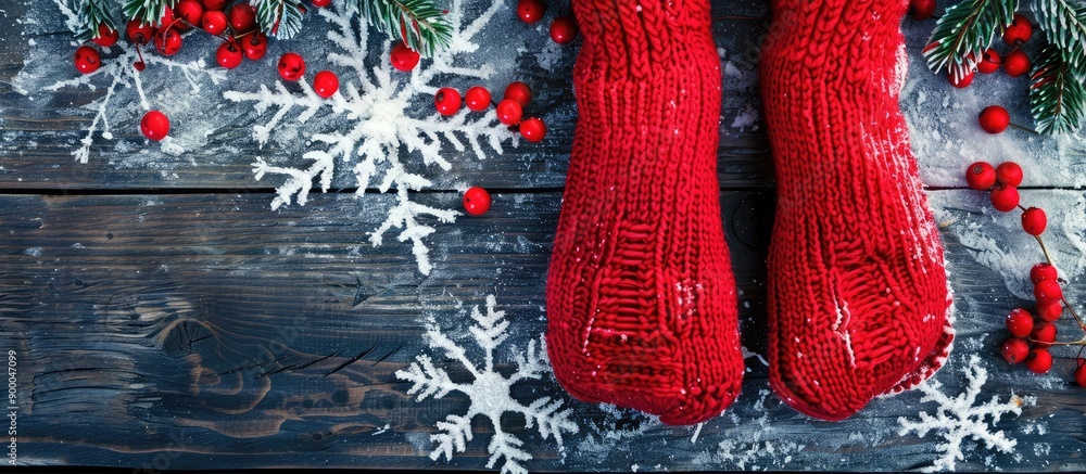 Poster red knitted socks on a winter holiday themed background with ample copy space captured in an aerial 