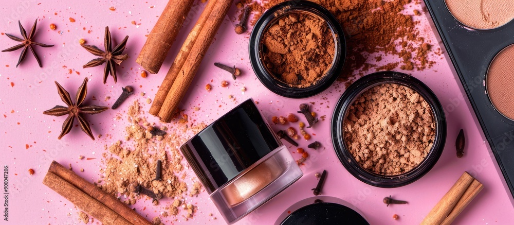 Poster colorful background with cosmetic products cinnamon sticks powder and anise stars creating a visuall