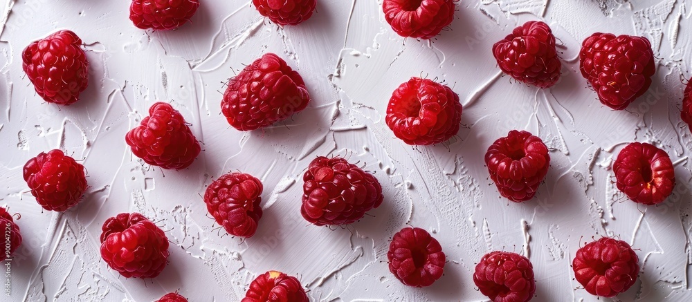 Fototapete studio lit fresh raspberries on a white background with intricate texture providing ample negative s