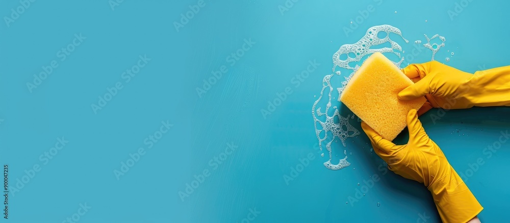 Poster a gloved hand holding a sponge for wet cleaning on a blue background with a banner featuring copy sp