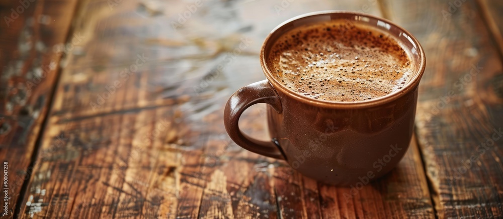 Poster refreshingly hot coffee in a ceramic cup on a wooden table with a blank space for an image. with cop