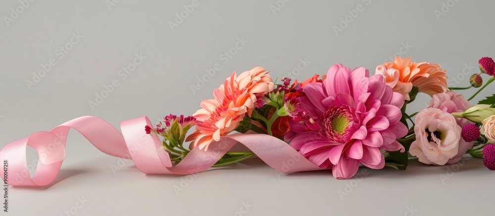 Poster wedding theme captured in a photograph of a delicate pink ribbon adorned with vibrant flowers set ag