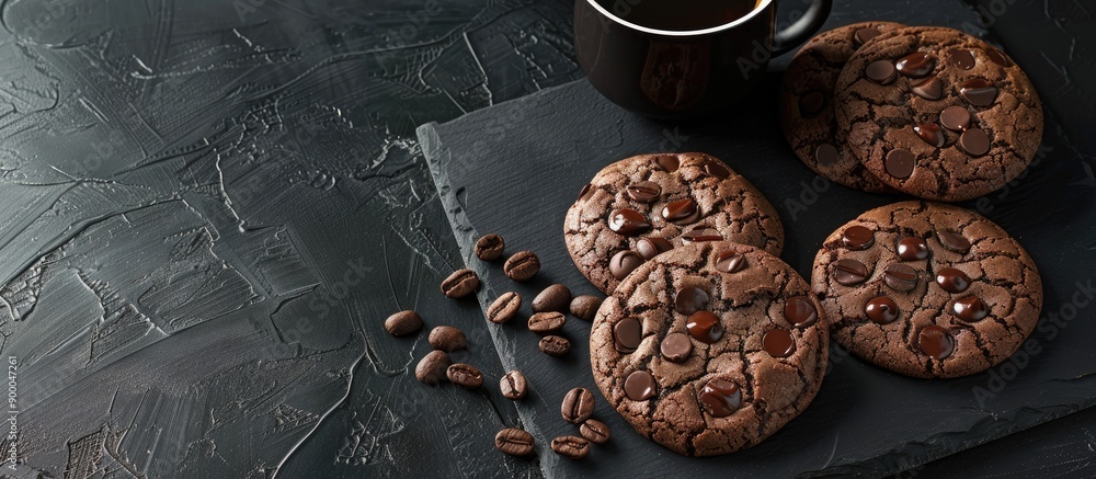 Aufkleber chocolate cookies made at home displayed on a black backdrop with a cup of coffee in a copy space im