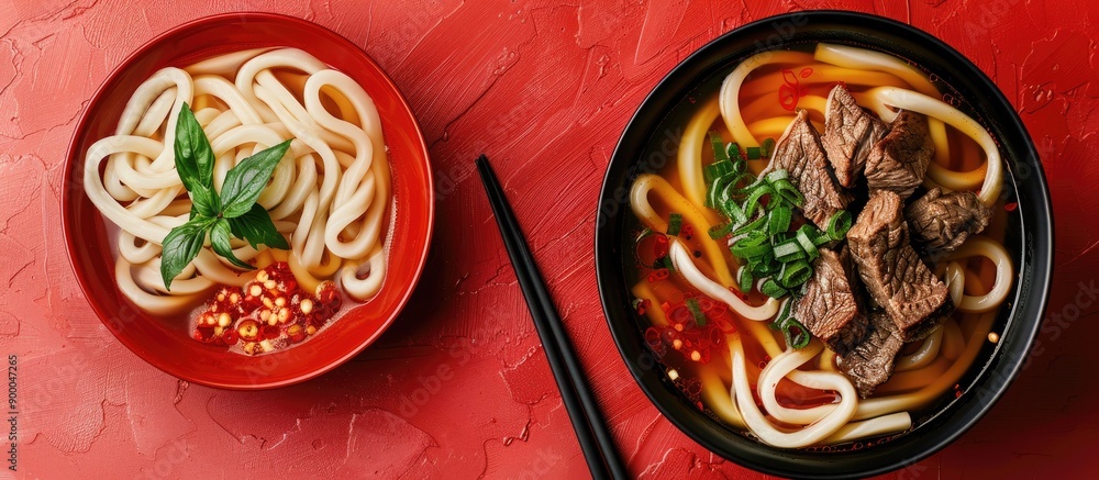 Poster Japanese udon noodles served with beef on a vibrant copy space image