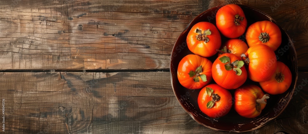 Aufkleber bowl of autumn persimmons on wooden table backdrop with dark rustic style ideal for a natural remedy