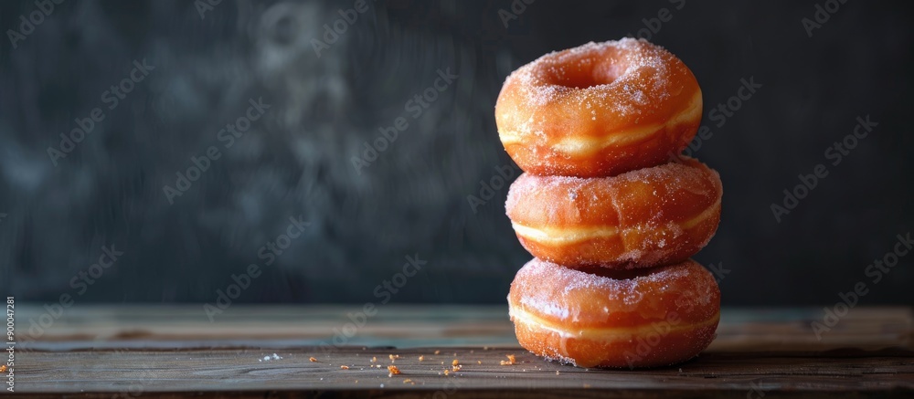 Poster Traditional sweet donuts on a black backdrop displayed on an old wooden table with a clear area for images Delicious yet not so healthy treats. with copy space image. Place for adding text or design