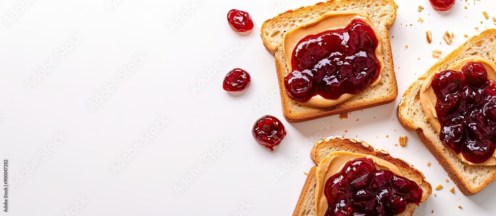 Poster top view of peanut butter and jelly on white bread toasts against a white background with copy space