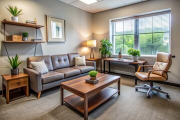 Fototapeta premium A calm and organized therapist's office with a empty couch, chair, and desk, ready for a confidential consultation and emotional healing session.