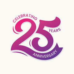 25 years anniversary celebration hand drawn logo with ribbon icon. 25th wedding anniversary greeting card, template, poster, banner. 25th birthday party celebration badge, label, sticker.