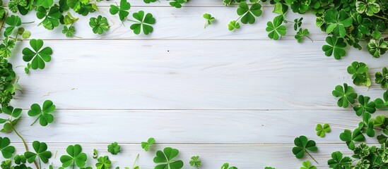 St Patrick s Day inspired flat lay with decorative green clover leaves arranged on a white wooden table providing ample copy space image
