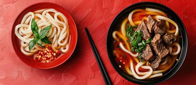 Japanese udon noodles served with beef on a vibrant copy space image
