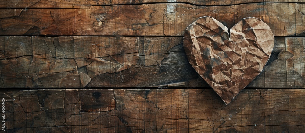 Poster Old wooden floors feature heart shaped paper folds creating a vintage background texture with a classic tone ideal for a copy space image