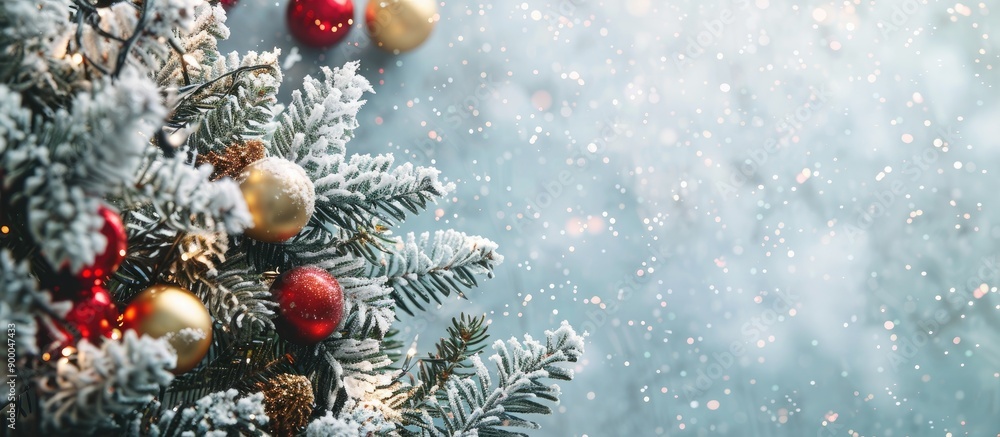 Poster snow covered christmas evergreen tree adorned with golden and red balls creating a festive flat lay 