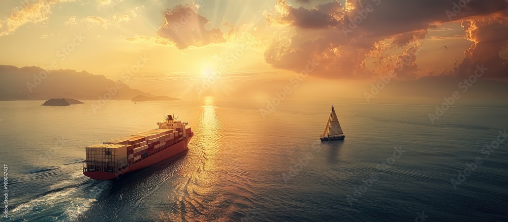 Aufkleber a container ship and a sailboat sailing towards the sea with a scenic background perfect for a copy 