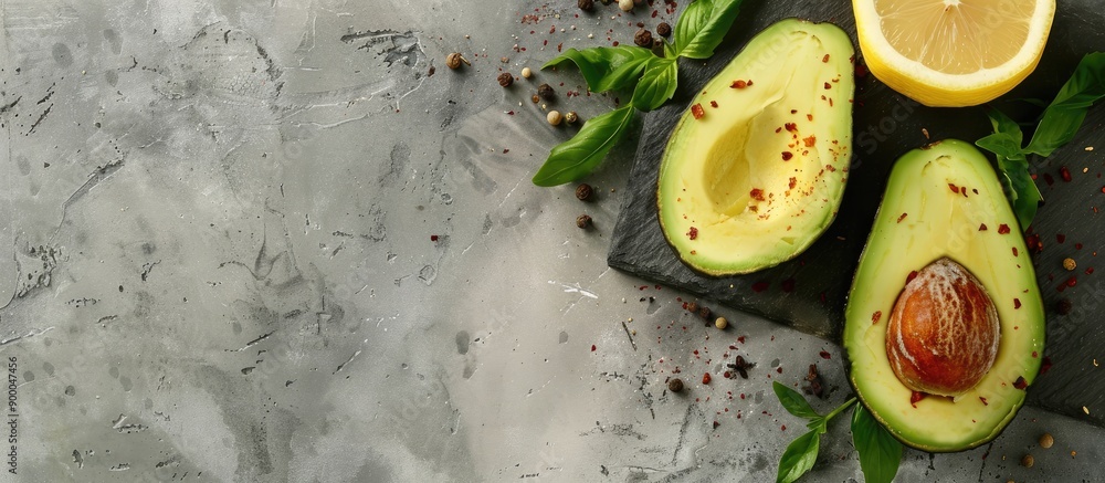 Aufkleber a fresh half avocado and lemon on a cutting board with spices creating an appetizing composition wit
