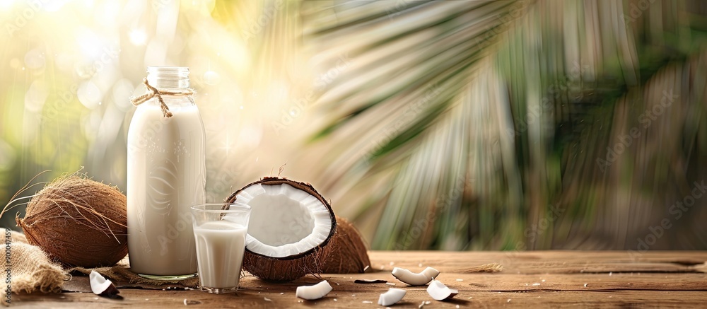 Aufkleber bottle and glass of coconut milk displayed on a table alongside a copy space image