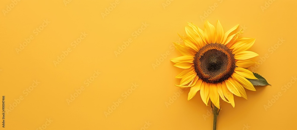 Poster sunflower head on a yellow background with copy space image a close minimal macro shot emphasizing t
