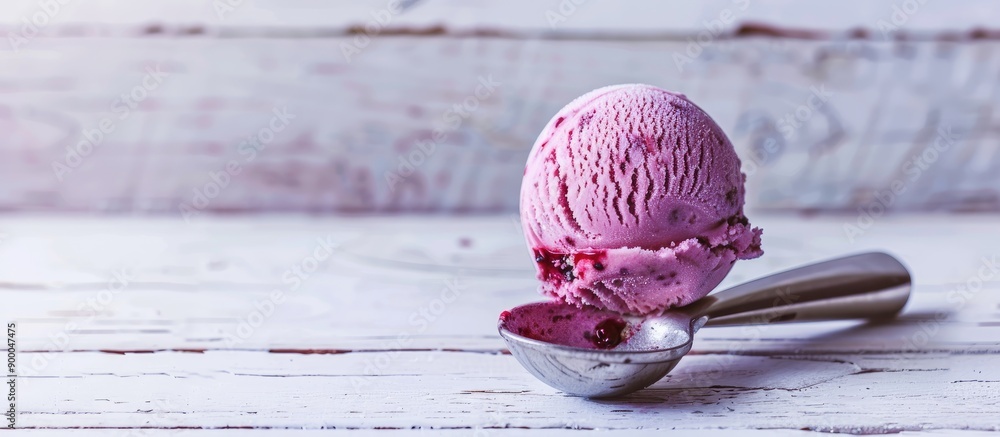 Poster side view of blueberry sorbet in an ice cream scoop on a white wooden surface offering empty space f